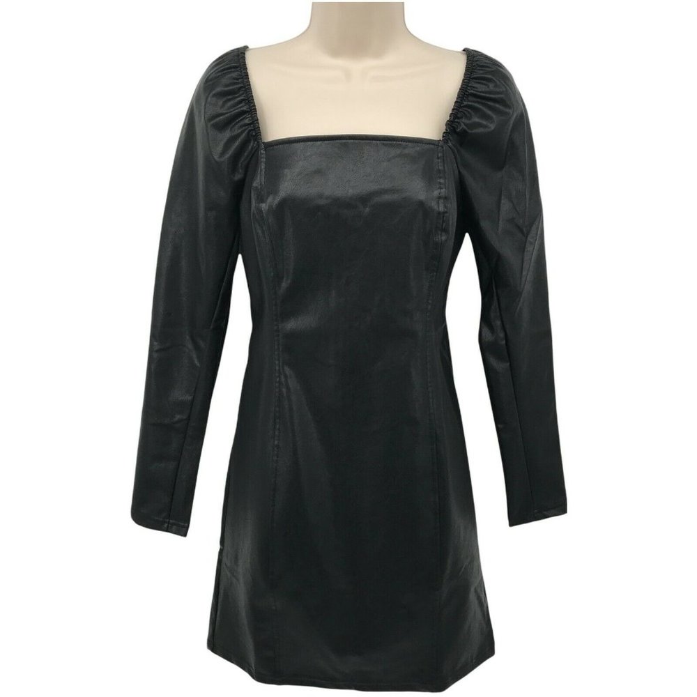 Wild Fable Women Long Sleeve Square Neck Faux Leather Black A Line Dress Size S